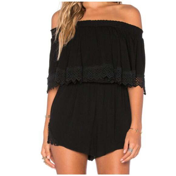 Show Me Your Mumu Rosarita Off Shoulder Lace Romper Black Boho Size Small - Picture 1 of 6